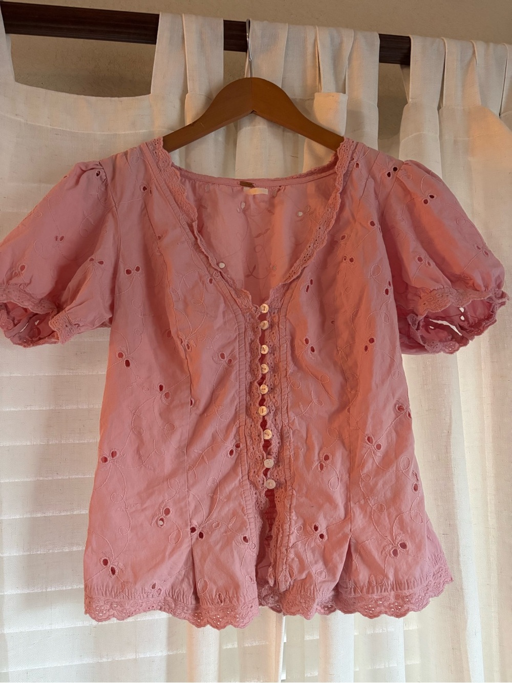 Free People Rose Pink Eyelet Lace-Trim Button Blouse